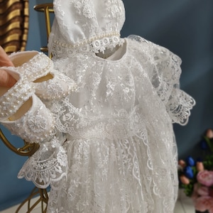 Duty Free ,Stanning White Baptism Dress for Baby Girl, Bonnet, Booties, Bib - Blanket, Christening Gown Girl, Lace Baptism Outfit Girl