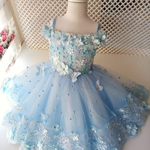 Blue butterfly wing detailed dress, Girls Tulle flower Dress, Baby Girl puffy Dress Special Occasion, First Birthday ruffle Party Dress