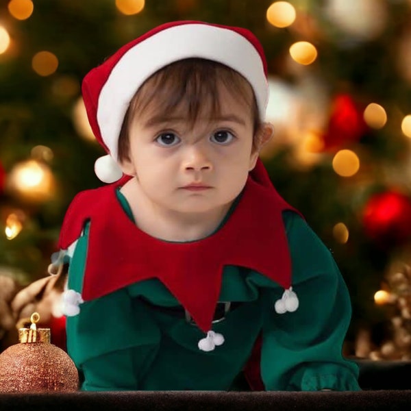 Déguisement de lutin pour enfant, robe de lutin de Noël pour tout-petit, père Noël pour tout-petit, déguisement de Noël pour garçon, robe cosplay de lutin, chapeau, chaussures, ceinture