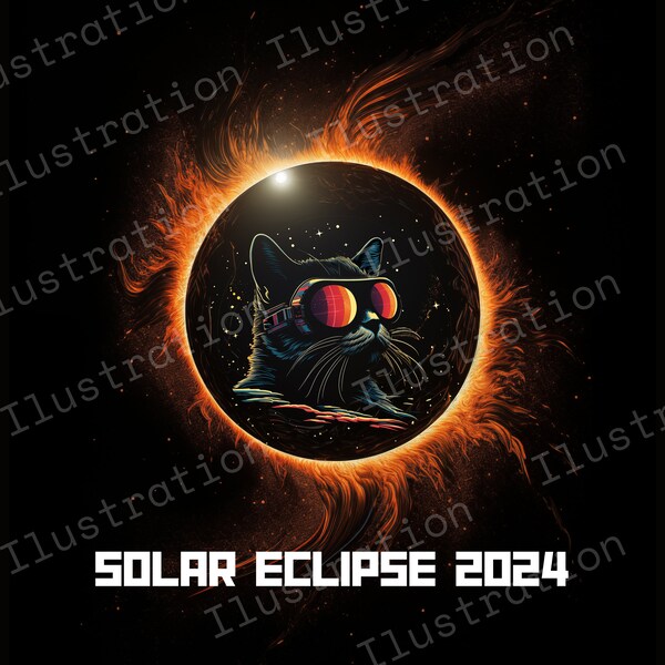 Retro Cat, Total Solar Eclipse 2024, PNG Instant Download, Multipurpose, Souvenir