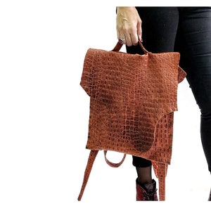 Orange Crocodile Print Leather Backpack - Large Leather Bag