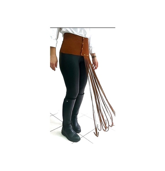 Tasseled Suede Leather Corset Belt: Removable Fringe, Herbal  display picture 1