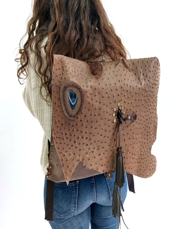 Handmade Ostrich Leather Backpack: Large Bohemian Back Bag  display picture 1