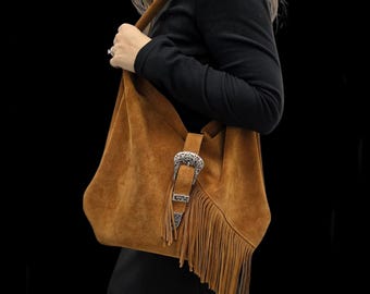 Italian Suede Fringe Hobo Bag, Handmade Leather Shoulder Tote