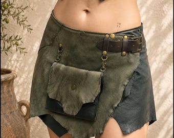 Olivgrüner Wikinger Leder Mini Rock – Boho Festival Outfit – Tribal Kostüm für Damen