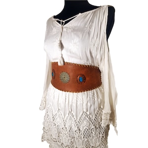 Leather Obi Belt: Camel Brown Wrap Belt with Turquoise Stone