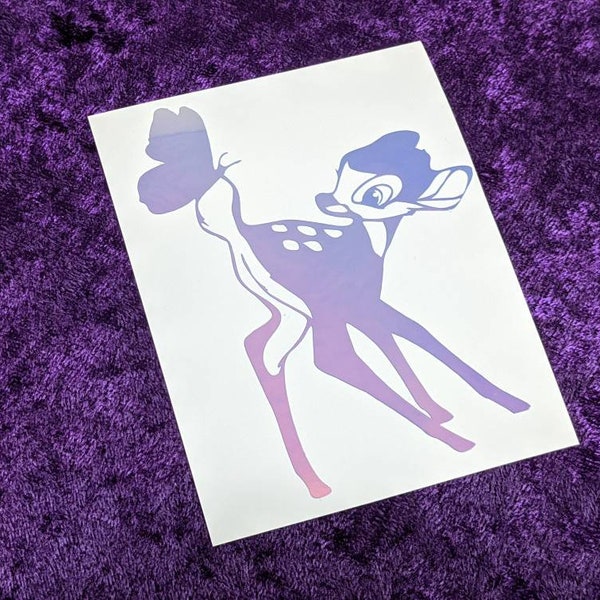 Bambi with Butterfly Permanent Vinyl Decal in Magical Holographic or Various Colors
