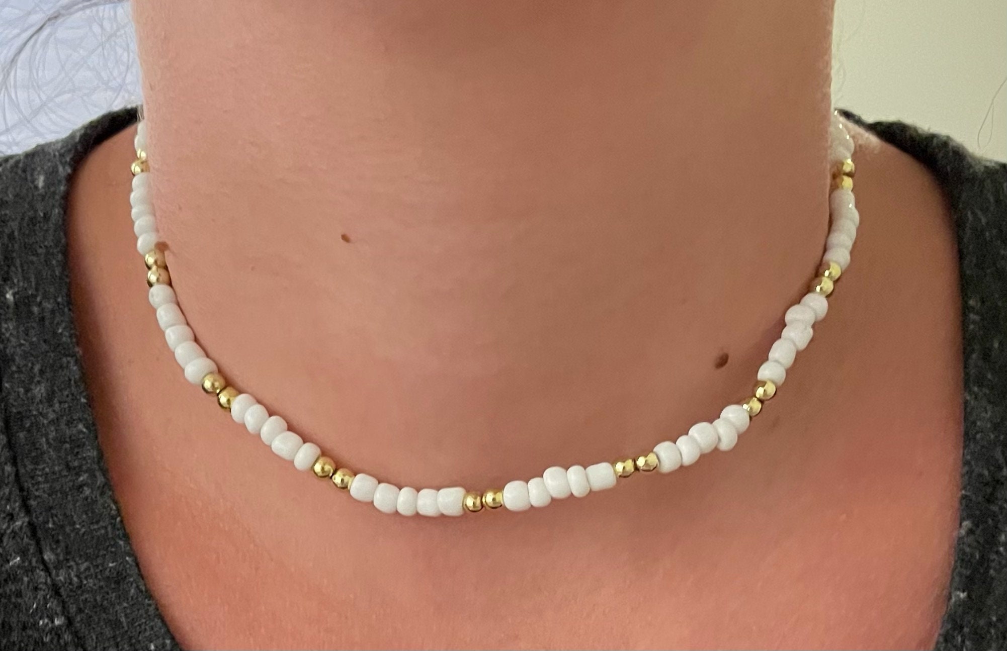 White And Gold Beaded Necklace | Etsy