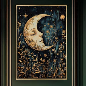 Dark Moody Crescent Moon Art, Celestial Stars Floral Canvas, Moon and Flowers Art, Dark Academia, Botanical Moon Canvas, Enchanting Moon