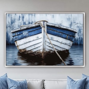 Distressed Boat Canvas Print White And Blue, Rustic Boat Front View Coastal Wall Art, Vintage Boat Painting Print, Nautical Lake House Decor