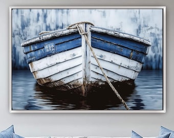 Distressed Boat Canvas Print White And Blue, Rustic Boat Front View Coastal Wall Art, Vintage Boat Painting Print, Nautical Lake House Decor