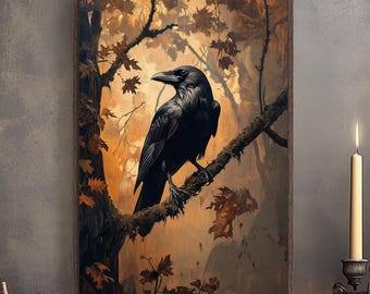 Raven in Forest Wall Art, Crow Art Print, Raven Bird On Branch, Cottage Core, Dark Academia Ravens, Black Bird Art, Moody Rustic Raven