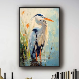 Blue Heron Wall Art, Great Blue Heron In Marshland Canvas Print, Wetland Birds Decor, Wildlife Nature Art, Rustic Lake House Decor