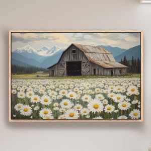 Farmhouse Wall Decor Old Barn Painting Canvas Print, Country Floral Barn Landscape Wall Art, Spring Barn Picture, Farm Flowers Print, Framed