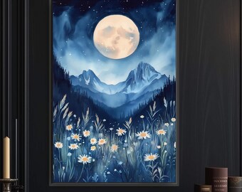 May include: A watercolor painting of a moonlit mountain scene with a full moon in the sky and a field of white wildflowers in the foreground.