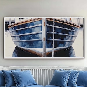 Blue Fishing Boat Canvas Print, Large Lake House Wall Decor, Rustic Coastal Wall Art, Nautical Lifestyle Art, Boat Themed Art, Wooden Boat
