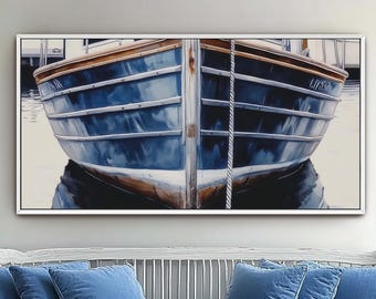 Blue Fishing Boat Canvas Print, Large Lake House Wall Decor, Rustic Coastal Wall Art, Nautical Lifestyle Art, Boat Themed Art, Wooden Boat