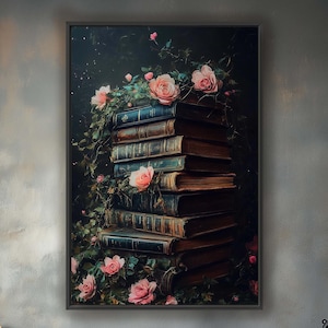 Vintage Book Wall Art, Book Stack Pink Flower Print, Dark Cottagecore Wall Art for Reading Nook, Modern Farmhouse Decor, Book Lover Art