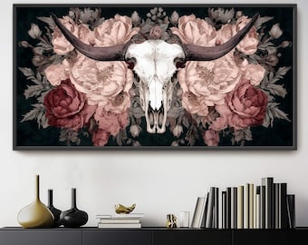 Moody Skull and Blooming Flowers - Western Cow Skull Print with Peonies