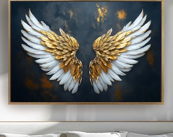 Golden Angel Wings Canvas, Guardian Angel Wings, Angel Protection Wall Art, Mystical Divine Art, Religious Wall Art Above Bed, Peaceful Art