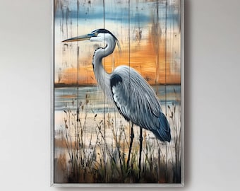 Blue Heron At The Shore Ready To Hang Canvas, Coastal Waterbird Artwork, Great Blue Heron Wall Art, Beach House Decor, Nature Lovers Decor