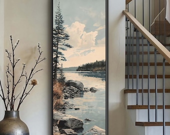 Vertical Lake and Pine Tree Landscape Canvas - Long And Narrow Forest Wall Art