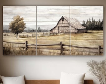Farmhouse Wall Art, Farm Barn Landscape with Wood Background, Country Decor Over Bed, Rustic Homestead Framed Canvas, Large Farmhouse Art