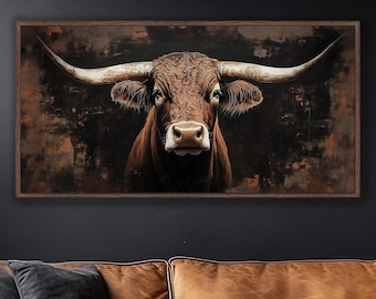 Rustic Texas Longhorn Cow Extra Large Wall Art, Cow Canvas Wall Art, Farmhouse Living Room Art, Longhorn Steer Art, Rustic Cow Print Art