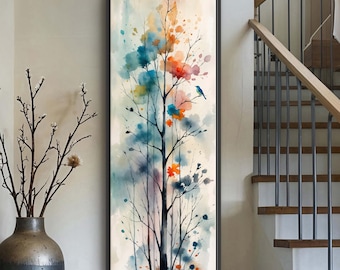 May include: A framed watercolor painting of a tree with colorful blooms and a small blue bird. The artwork features a vertical composition with a black frame. The text "3:1 Ratio" is in the upper left corner. The painting is displayed in a home setting.