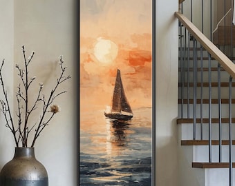 Tall Narrow Sailboat Canvas Art - Contemporary Seascape with Sunset Coastal Wall Decor