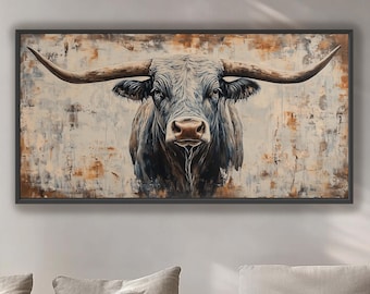 Rustic Bull Wall Art Print, Farmhouse Living Room Art, Texas Longhorn Cow Art, Longhorn Steer Art, Rustic Cow Print Art, Western Aesthetics