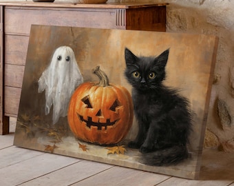 Ghost, Pumpkin and Black Cat Wall Art – Rustic Whimsical Halloween Wall Art