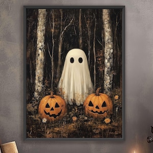 Moody Ghost with Pumpkins Art, Vintage Ghost in Woods, Halloween Wall Art, Rustic Farmhouse Art, Dark Cottagecore Print, Dark Academia Art