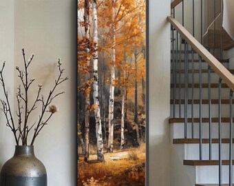 Vertical Autumn Forest Canvas - Birch Trees in Fall Landscape Wall Art