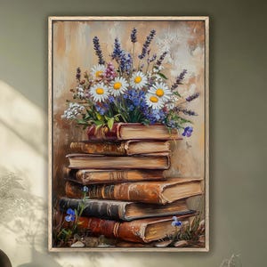 Vintage Book Stack with Wildflowers, Moody Spring Floral Wall Decor, Modern Farmhouse Decor, Book Stack Art, Vintage Floral Art, Book lover