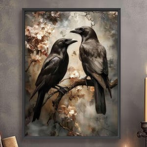 Raven Couple on Floral Tree Branch Wall Art Print, Vintage Dark Cottagecore, Gothic Decor Dark Academia Artwork, Witchy Wall Art, Whimsigoth
