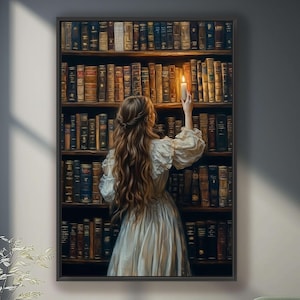 Victorian Library Scene, Library Woman Art, Dark Academia Poster, Dark Cottagecore, Antique Style Home Decor for Book Lovers, Moody Book Art