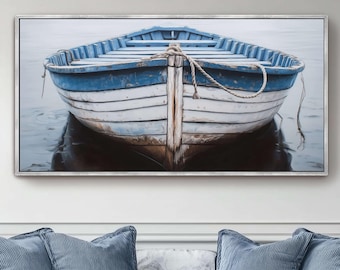 Blue Rustic White Old Boat Print, Large Lake House Wall Decor, Distressed Boat Canvas Print, Rustic Nautical Wall Art, Coastal Wall Art