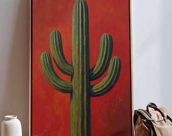 Modern Southwest Red Cactus Print - Colorful Western Saguaro Cactus Art