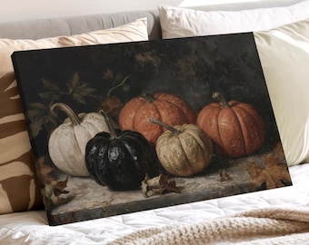 Dark Rustic Fall Pumpkins Still Life  – Moody Farmhouse Harvest Pumpkin Art