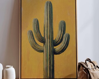 Minimalist Yellow Cactus Artwork – Retro Saguaro Cactus Desert Wall Art for Living Room