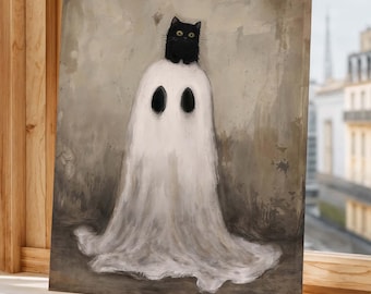 Whimsical Ghost and Black Cat Wall Print - Rustic & Moody Halloween Home Decor