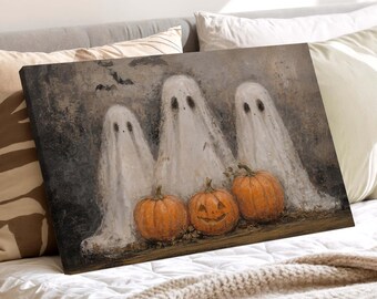 Rustic Ghosts with Pumpkins Wall Art - Vintage Spooky Halloween Wall Art