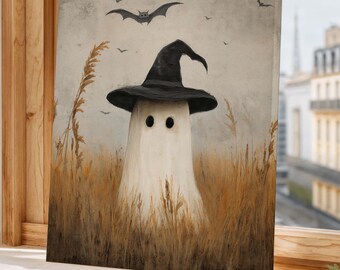 Ghost with Witch Hat in Field Print - Rustic Whimsical Halloween Wall Art