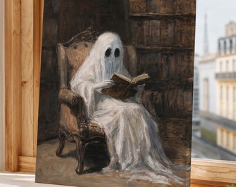 Vintage Ghost Reading in Library Wall Art - Dark Academia Bookish Halloween Print
