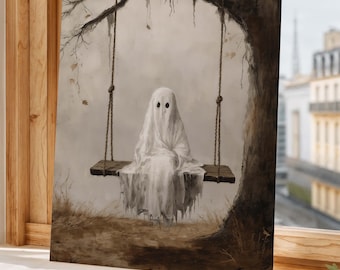 Ghost Sitting on Swing in Forest Print - Whimsical & Moody Fall Home Decor