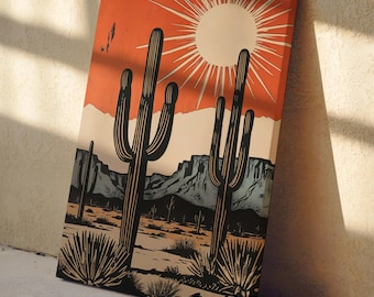 Retro Style Cactus Landcape Wall Art - Southwestern Desert Home Decor