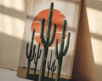 Retro Desert Landscape Print – Southwestern Saguaro Cactus Wall Art