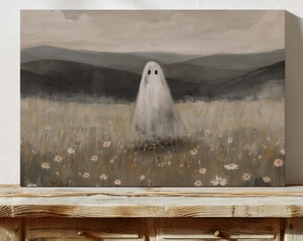 Lonely Sheet Ghost in Wild Flower Meadow Wall Art - Rustic Spooky Cottagecore Art