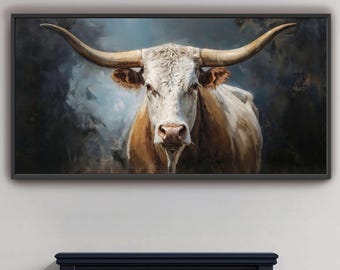 Farmhouse Longhorn Bull Wall Decor - Rustic Western Ranch Style Canvas Print